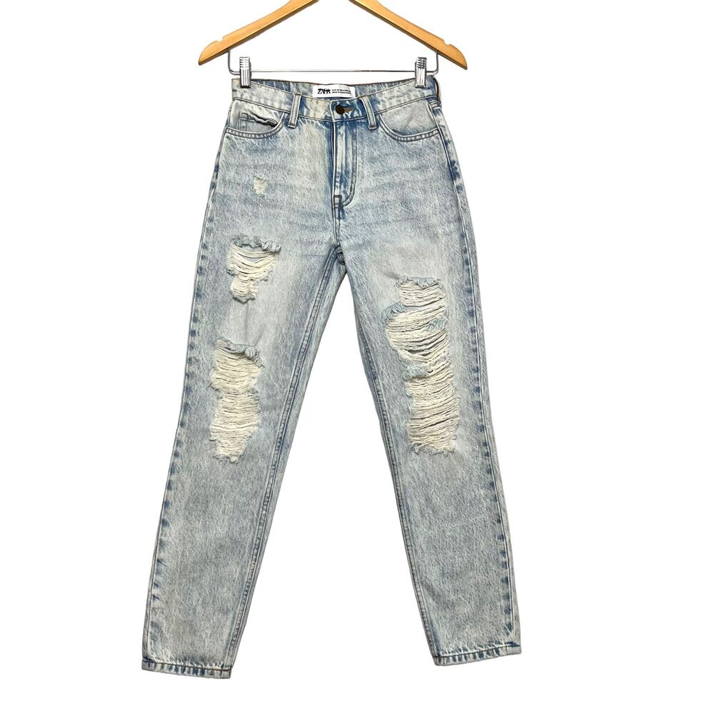Zara High Rise Skinny Jeans Sz 6 Distressed Light Wash Blue Rigid Denim